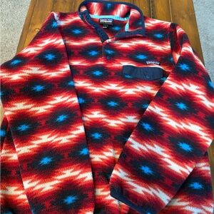 Patagonia Red Blue Patterned Zip-Neck Fleece Pullover